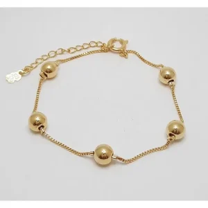 PULSEIRA FOLHEADO C/5 BOLAS LISA DE 6mm - 15cm (+5cm Ext)